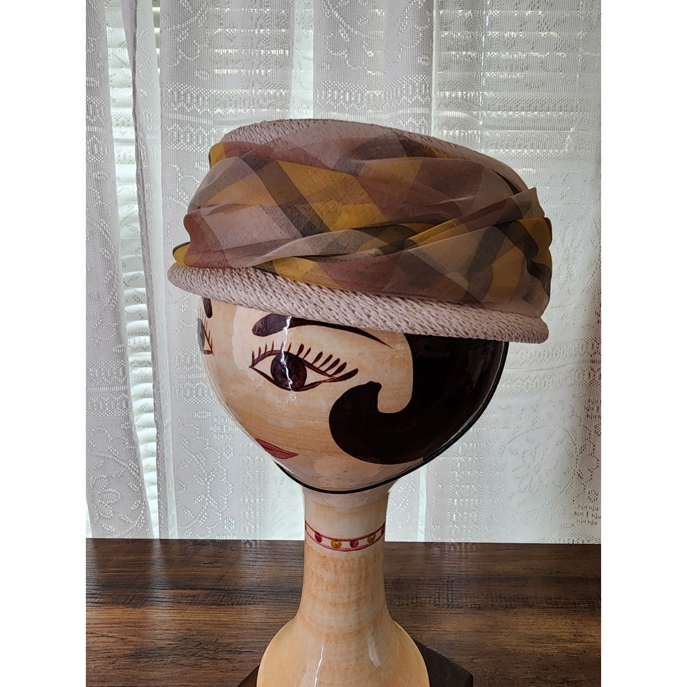 Vintage Straw Hat Sheer Plaid Ribbon Boater Summer Resort Coastal Indie *Stains*